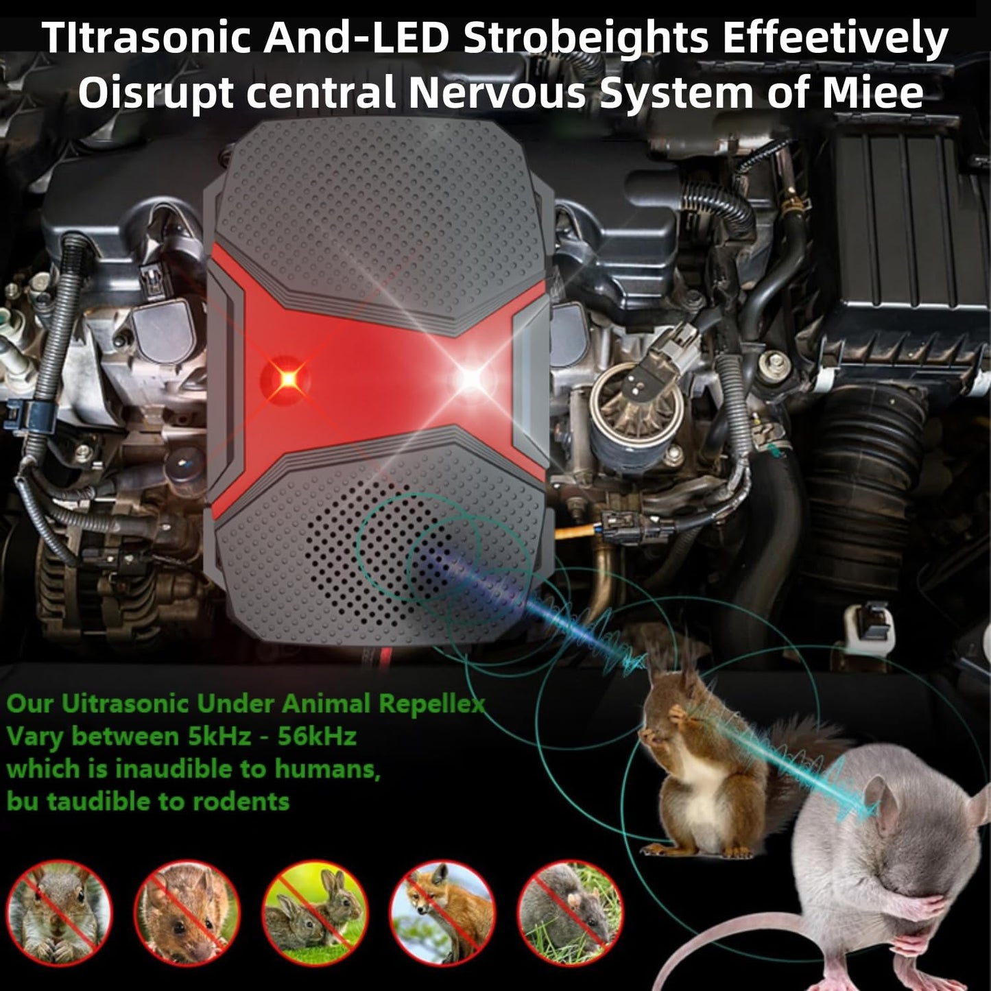 WUGEIN Marderschreck Ultraschall 12V LED Auto Mäuseschreck HH12