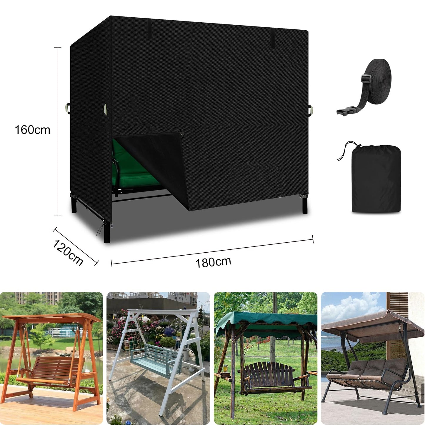 Hollywoodschaukel Abdeckung 180x120x160 cm Wasserdicht UV-Schutz Schwarz