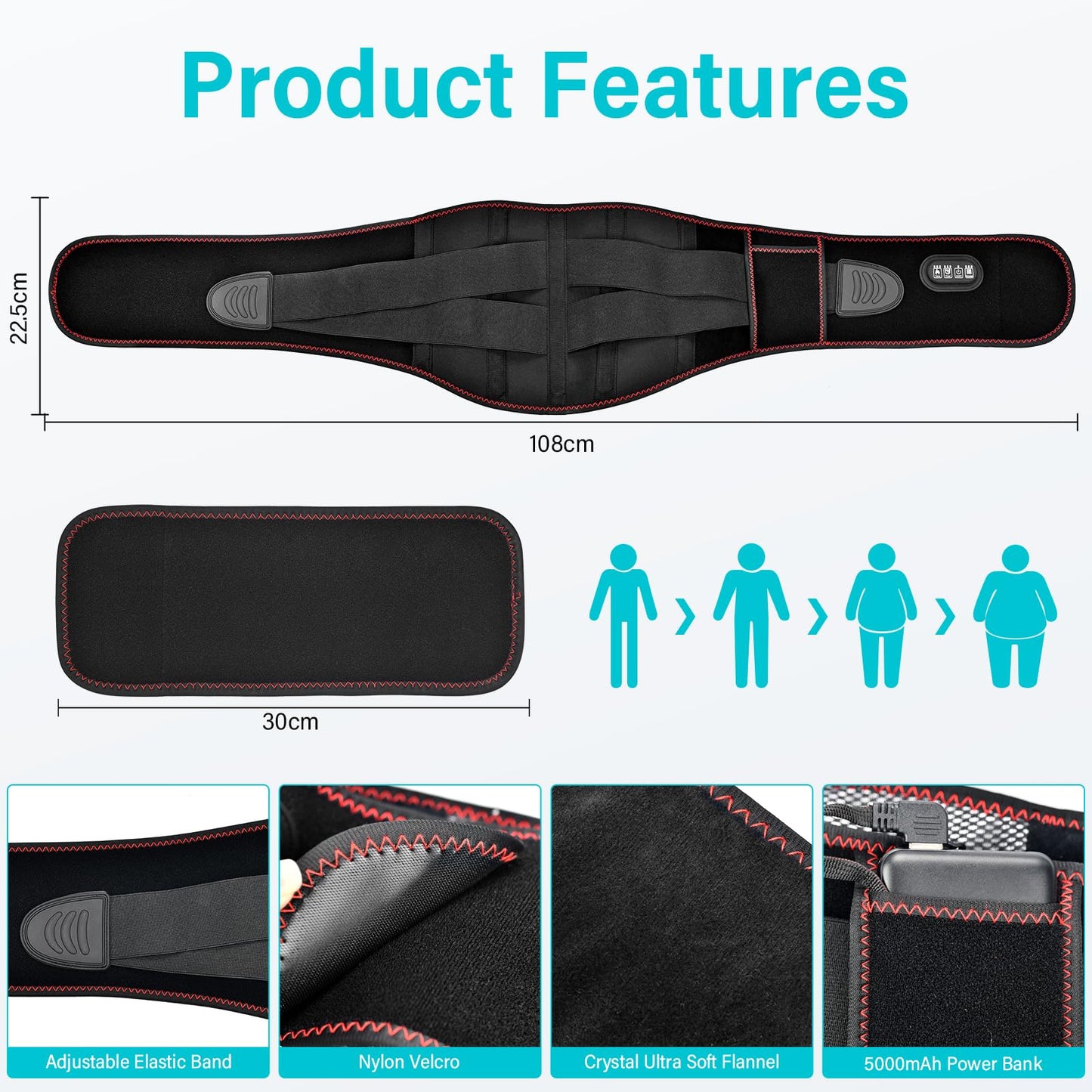 Naxup Heizgurt Rücken 5000mAh Akku Massage 3 Stufen Auto Off Rot