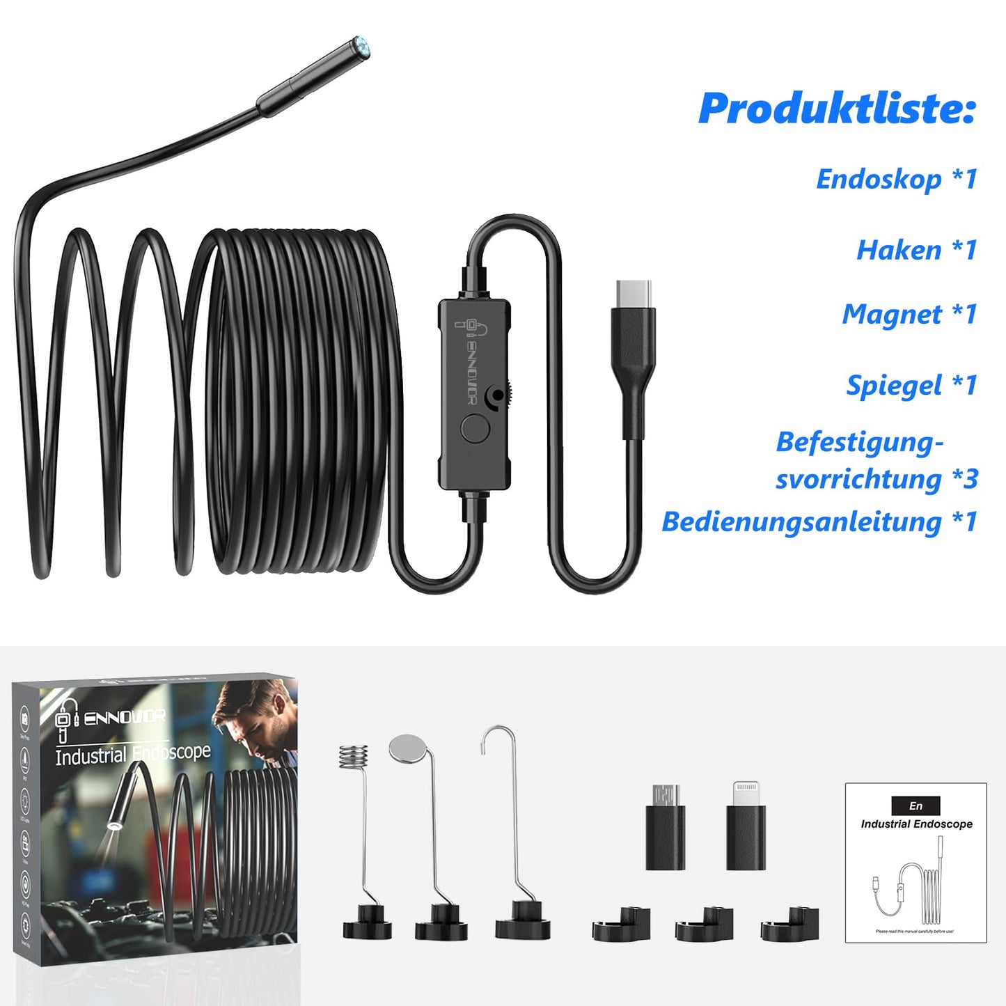Endoskopkamera mit 8 LED, 1920P HD, IP67 wasserdicht, 5 m Kabel