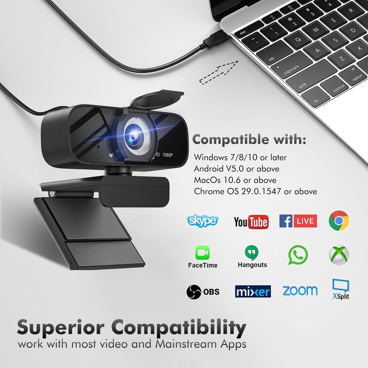 Gohero HD Webcam 1080P mit Mikrofon USB Lichtkorrektur PC Mac