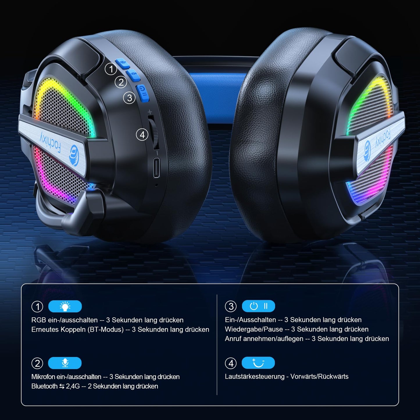 Fachixy FC200 Funk Gaming Headset 2.4G BT PS5 PC Switch 40h Mic+