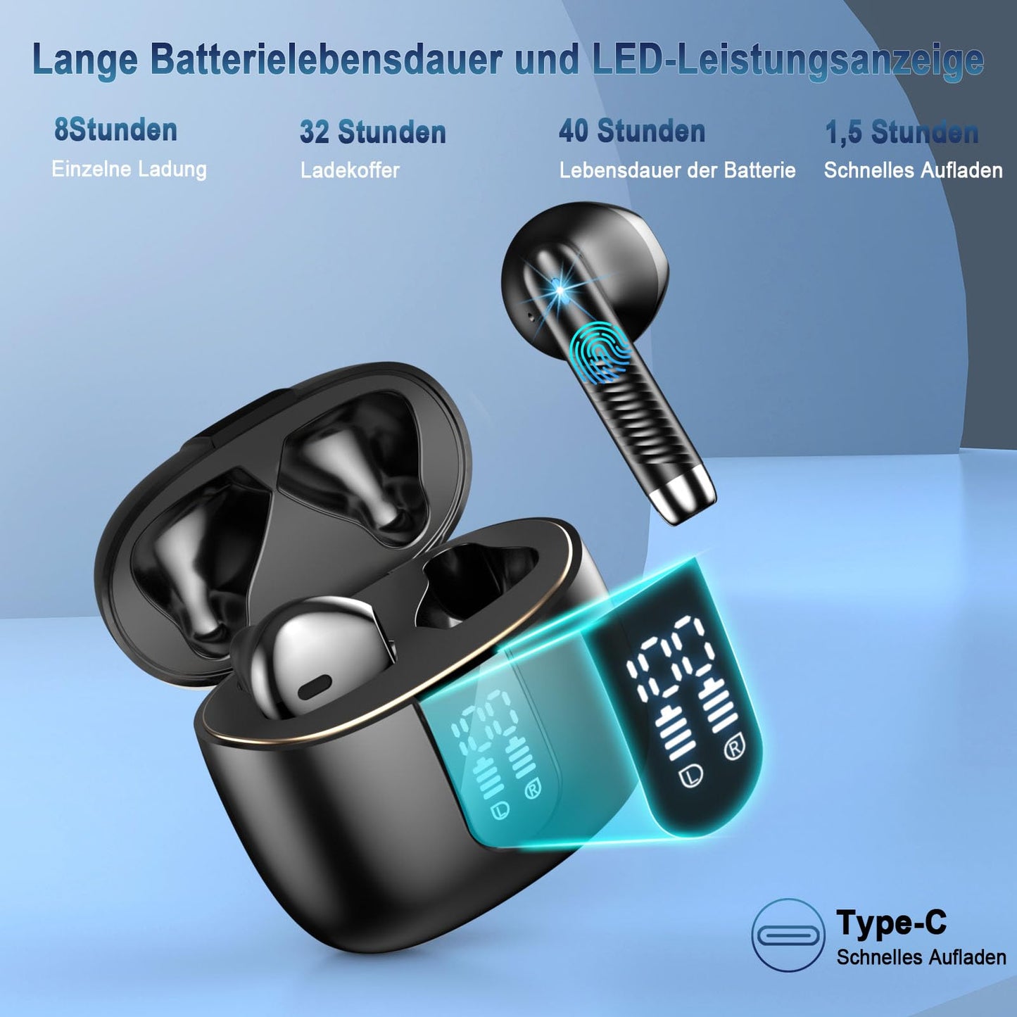 Bluetooth 5.3 Kopfhörer In Ear Kabellos 4 Mic 48H Bass LED ENC IP7