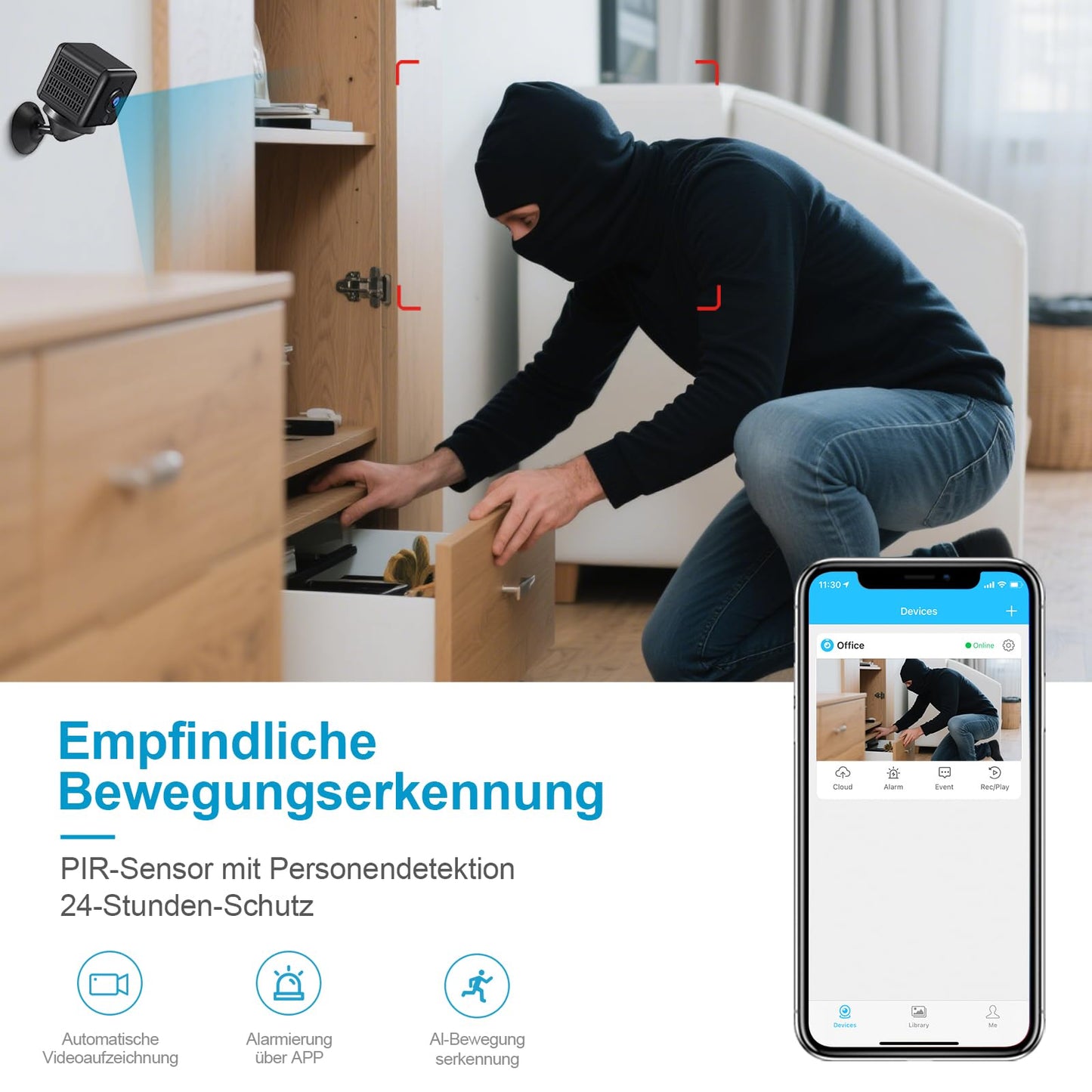 Mini Innenraum Sicherheitskamera 4K WLAN mit Nachtsicht & Bewegung