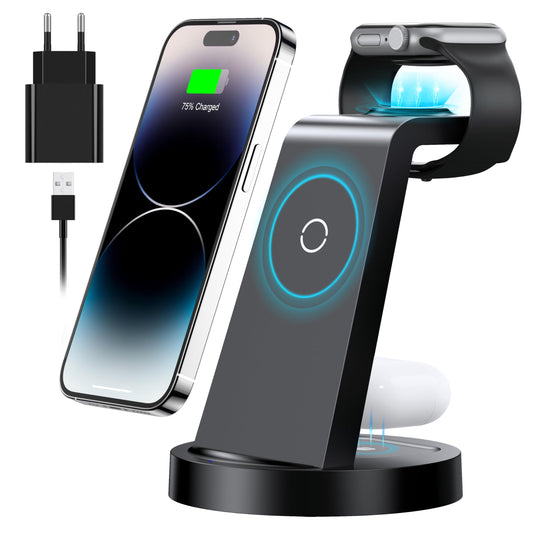 3 in 1 iPhone Ladestation Kabellos Schnellladegerät mit 18W Adapter für Apple Watch & AirPods