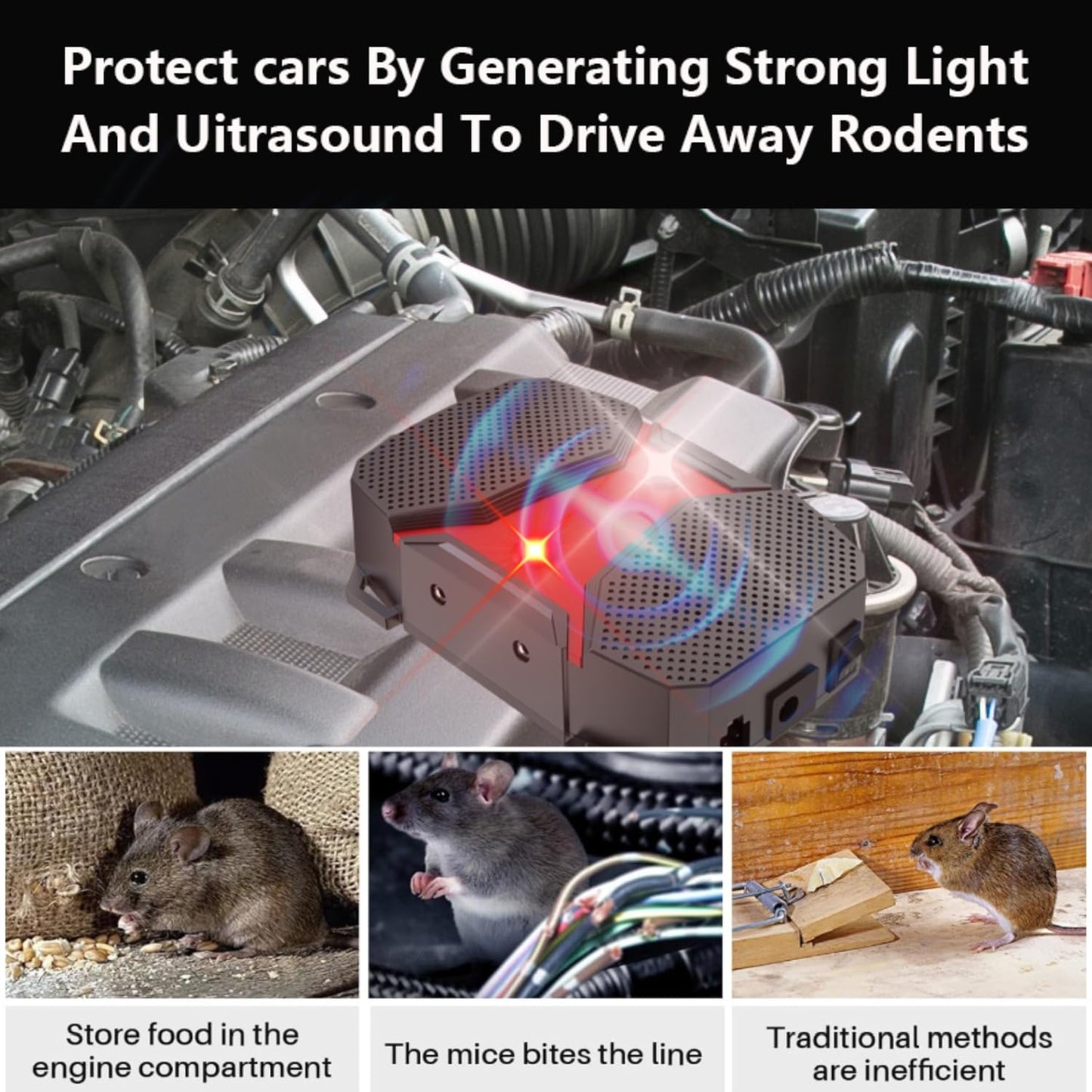 WUGEIN Marderschreck Ultraschall 12V LED Auto Mäuseschreck HH12