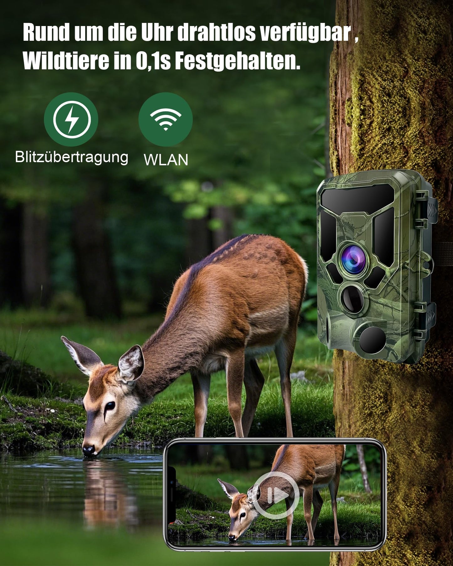 HAZA 4K WLAN Wildkamera 60MP Nachtsicht IP66 App Jagdkamera