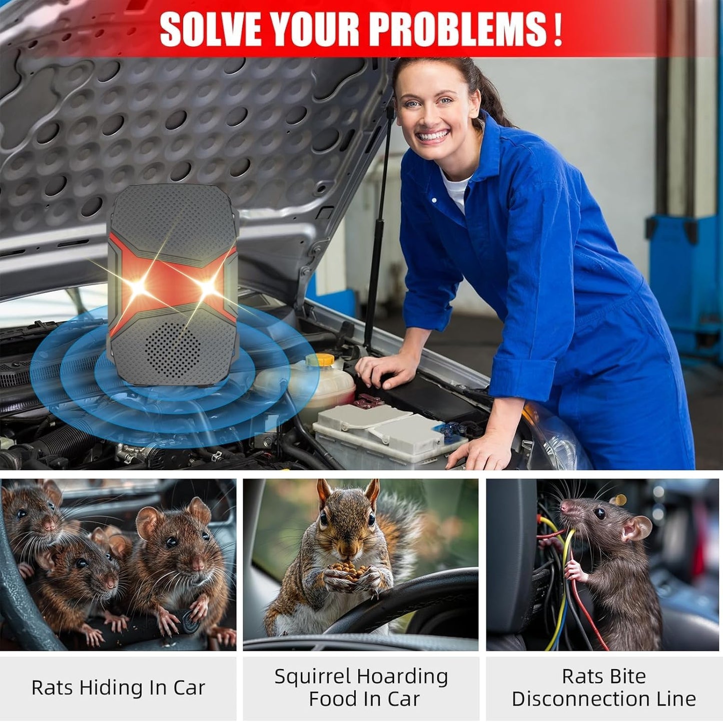 WUGEIN Marderschreck Ultraschall 12V LED Auto Mäuseschreck HH12