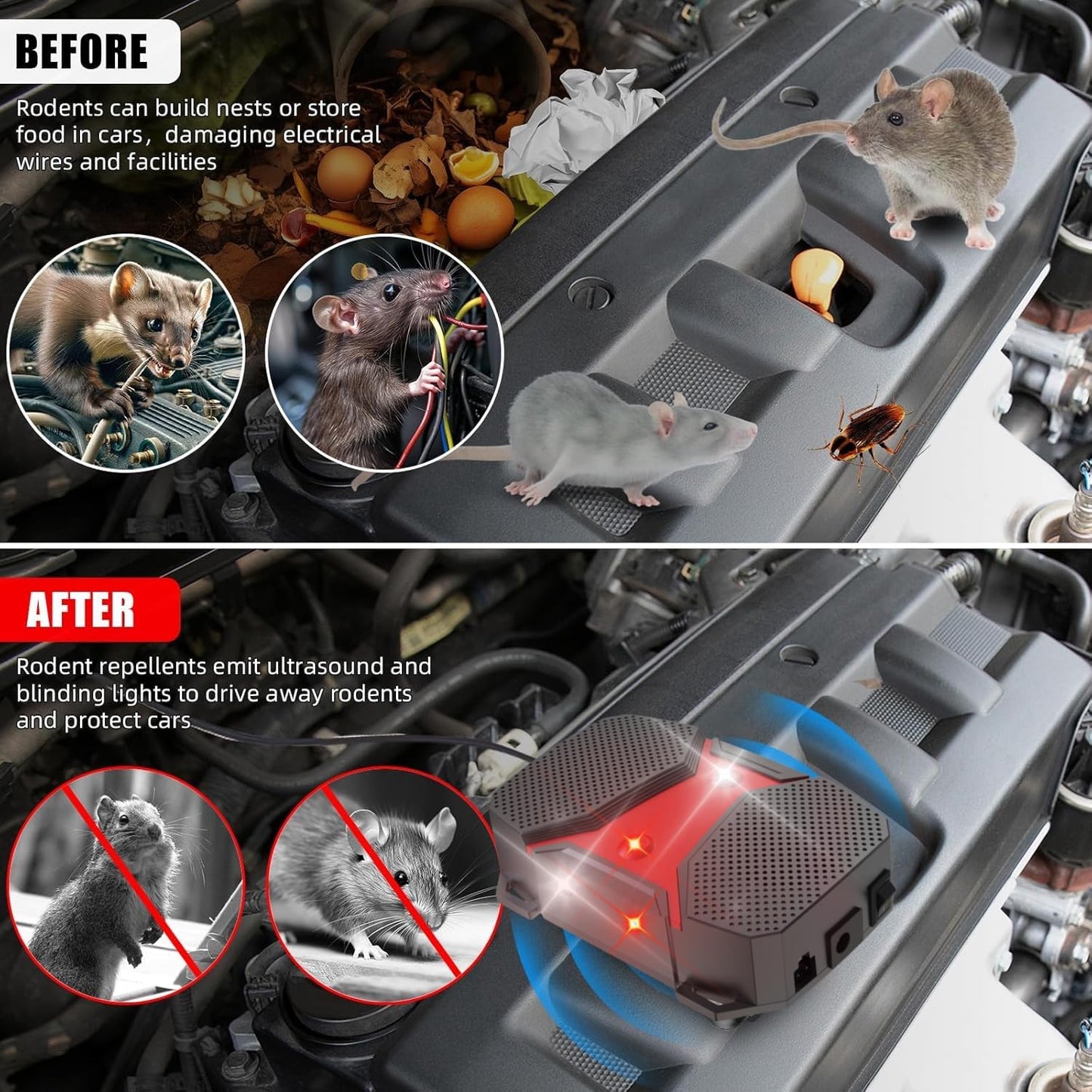 WUGEIN Marderschreck Ultraschall 12V LED Auto Mäuseschreck HH12