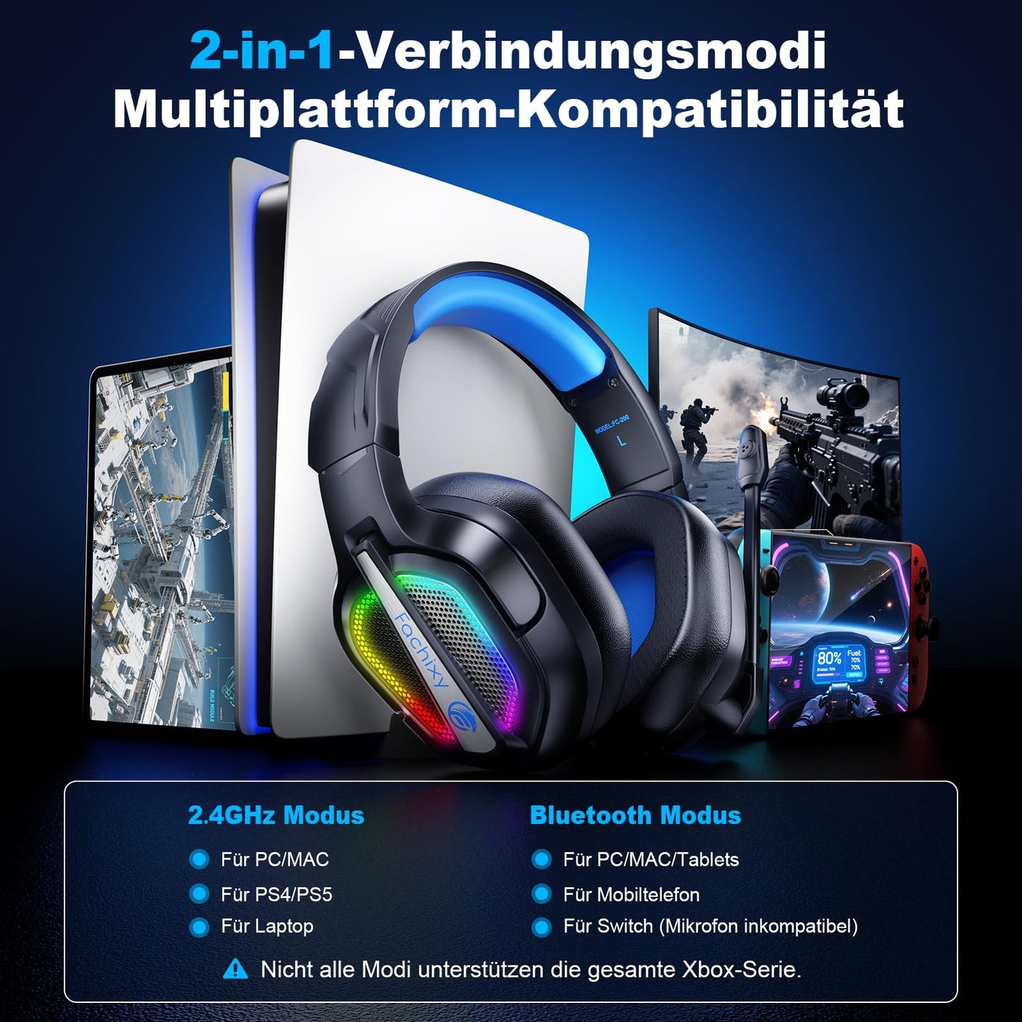 Fachixy FC200 Funk Gaming Headset 2.4G BT PS5 PC Switch 40h Mic+