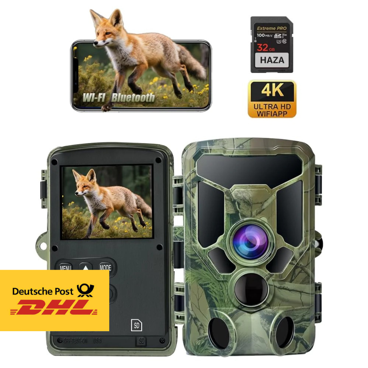 HAZA 4K WLAN Wildkamera 60MP Nachtsicht IP66 App Jagdkamera
