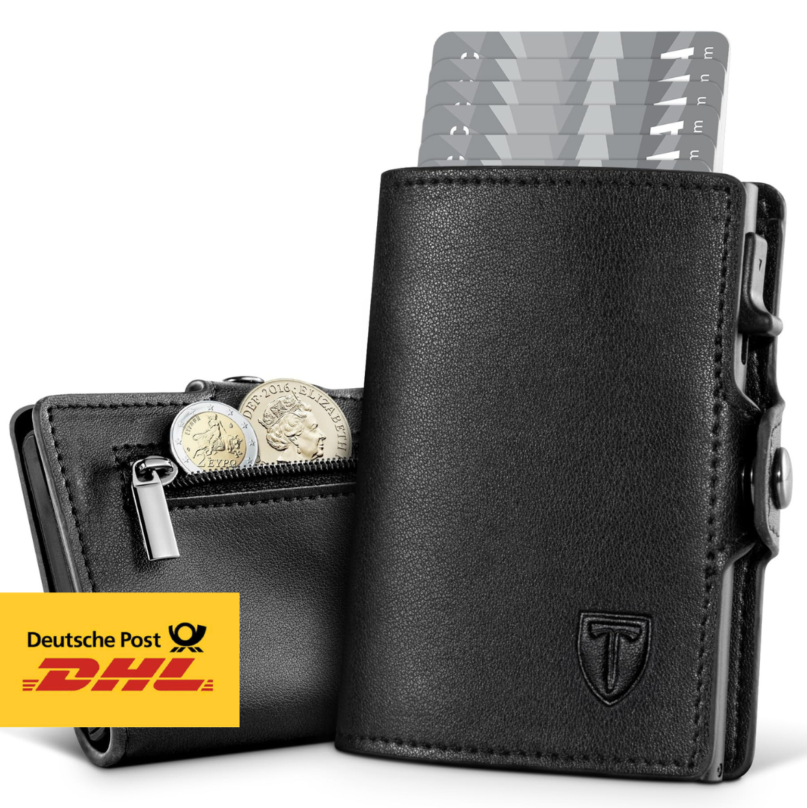 TENBST Herren Geldbörse Slim Leder Münzfach 10 Karten Schwarz SC